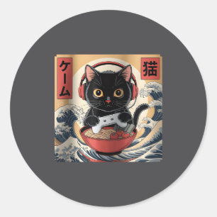 Sticker Rond Mignon Kawaii Chat Joueur Drôle Ramen Rétro Japona