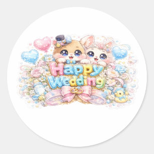 Sticker Rond Mignon Kawaii Couple Mariage Animaux Pastel Pi