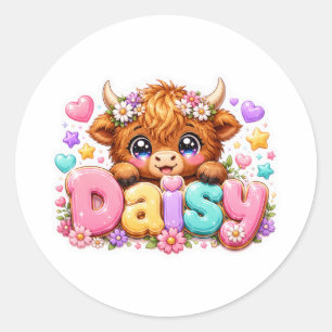 Sticker Rond Mignon Kawaii Daisy Highland Cow Nom Rose Pastel F
