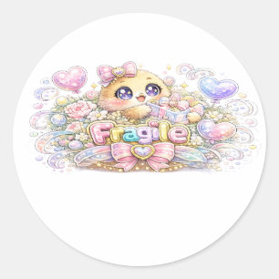 Sticker Rond Mignon Kawaii Fragile Manipuler avec soin Chat Pas