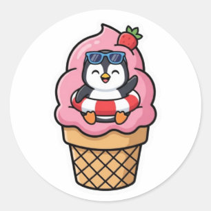 Sticker Rond Mignon Kawaii Manchot Cône de Glace Été BSticker