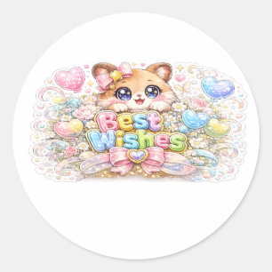 Sticker Rond Mignon Kawaii Meilleurs Vœux Chat Pastel Rose Flor