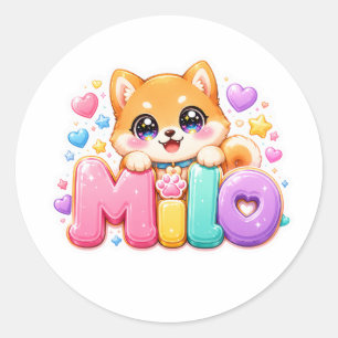 Sticker Rond Mignon Kawaii Milo Nom de Chien Rose Pastel Étince
