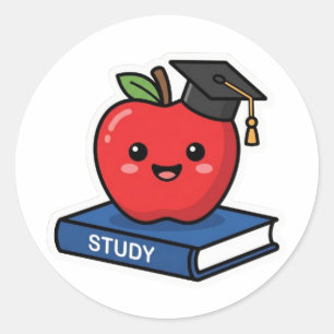 Sticker Rond Mignon Kawaii Pomme Rouge Portant une Casquette de