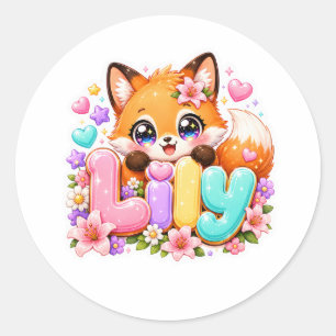 Sticker Rond Mignon Lily Fox Nom Pastel Rose Floral Bois