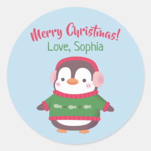 Sticker Rond Mignon Manchot Avec Cache-Oreilles Et Pull De Noël