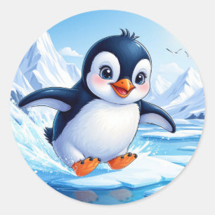 Sticker Rond Mignon manchot sur glace pour les amoureux de l'hi