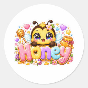 Sticker Rond Mignon Nom d'Abeille Miel Kawaii Rose Pastel Brill