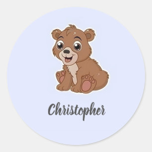 Sticker Rond Mignon ours brun bleu
