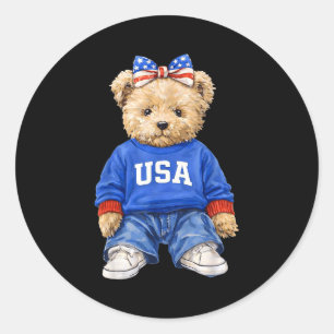 Sticker Rond Mignon ours patriotique États-Unis 4 juillet améri
