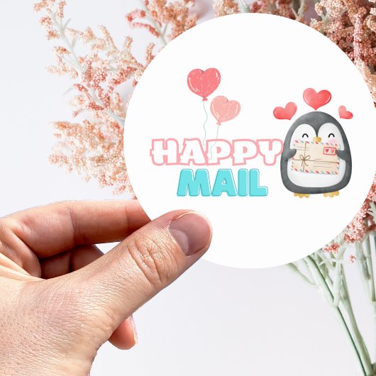 Sticker rond mignon Penguin Happy Mail avec coeur