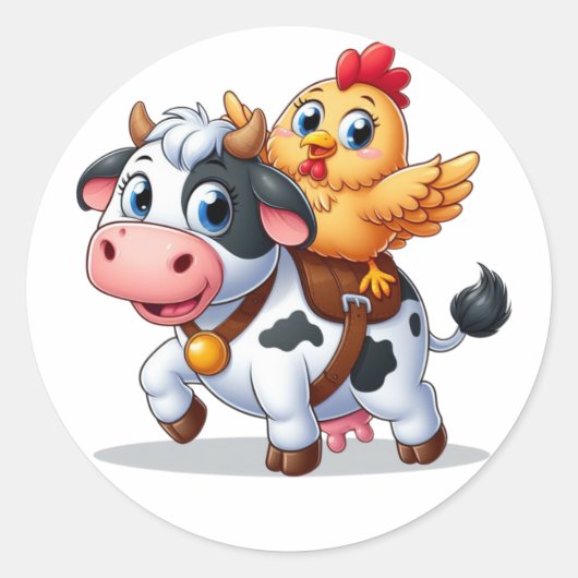 Sticker Rond mignon vache/poulet caricature (Devant)