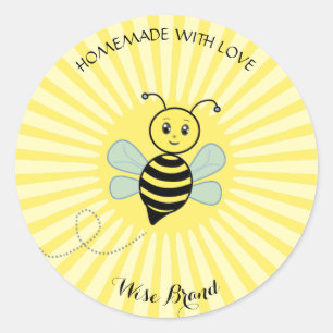 Sticker Rond Mignonne Abeille Heureuse et Rayons de Soleil Fait