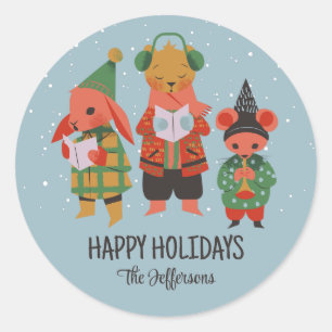 Sticker Rond Mignonne animal Noël Carol Snowy Vacances d'hiver