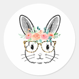 Sticker Rond Mignonne Bunny Léopard Lunettes Fleurs Filles Femm