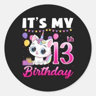 Sticker Rond Mignonne C'est mon 13e anniversaire Chat Unicorn 1
