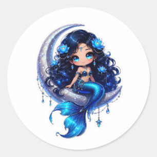 Sticker Rond Mignonne Chibi Mermaid Céleste sur Croissant de Lu