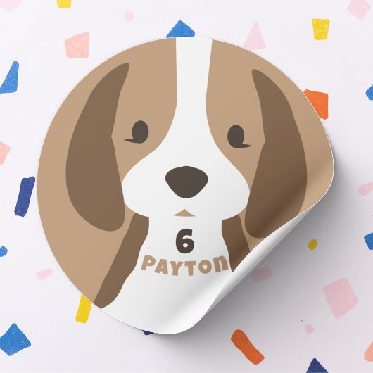 Sticker Rond Mignonne Chien Chien Âge et nom Fête d'anniversair