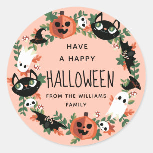 Sticker Rond Mignonne Éffrayante joyeuse couronne d'Halloween