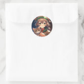 Sticker Rond Mignonne fille Anime tenant un Kitten Noël (Sac)