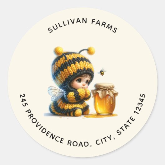Sticker Rond Mignonne fille en costume d'abeille avec Honey Adr (Devant)