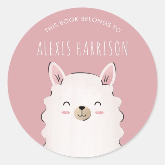 Sticker Rond Mignonne fille rose Heureuse Llama Nom de l'enfant (Devant)