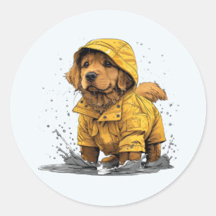 Sticker Rond Mignonne Golden Retriever Chien portant un impermé