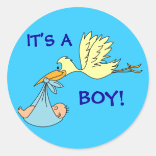 Sticker Rond Mignonne ITS UN GARÇON Nouveau-né Bébé Stork Bleu