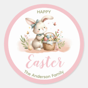 Sticker Rond Mignonne lapin Coton Candy Pink Joyeux Pâques