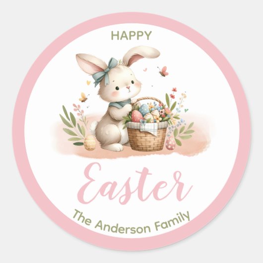 Sticker Rond Mignonne lapin|Coton Candy Pink|Joyeux Pâques (Devant)