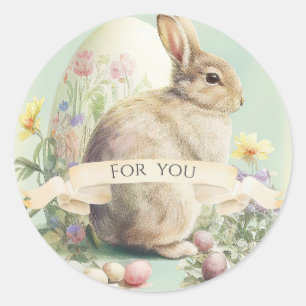 Sticker Rond Mignonne lapin de Pâques avec fleurs et oeuf