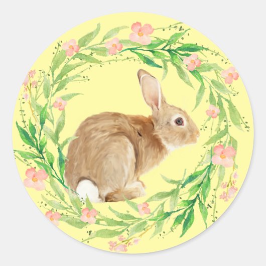 Sticker Rond Mignonne lapin de Pâques dans la couronne fleurie (Devant)