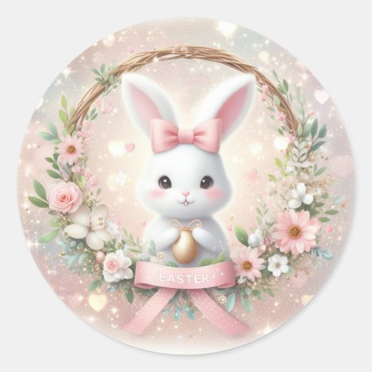 Sticker Rond Mignonne lapin de Pâques et une couronne de fleurs (Devant)