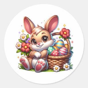 Sticker Rond Mignonne lapin de Pâques Whimsical avec panier