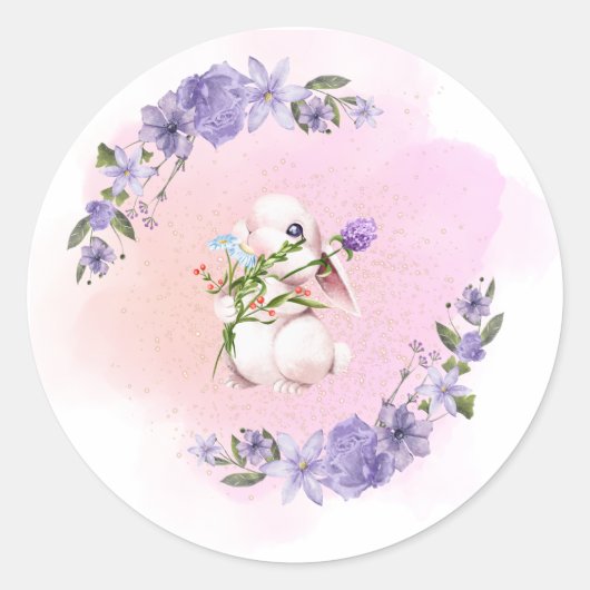 Sticker Rond Mignonne lapin et fleurs (Devant)