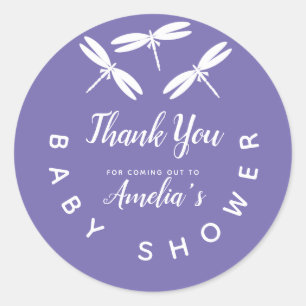 Sticker Rond Mignonne libellule Baby shower violet Merci