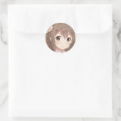 Sticker Rond mignonne manga fille cheveux brun yeux de noisette (Sac)