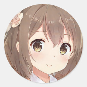 Sticker Rond mignonne manga fille cheveux brun yeux de noisette
