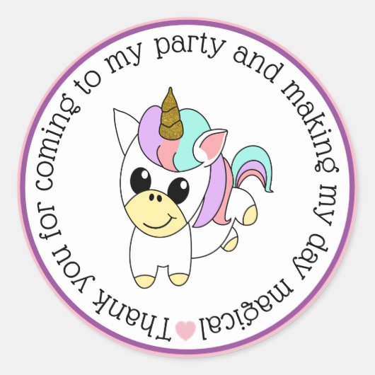 Sticker Rond Mignonne Merci Unicorne Pour Être Venu À Mon Parti (Devant)