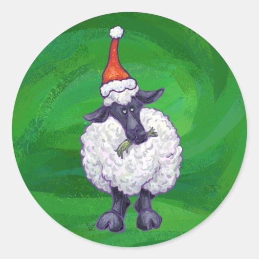Sticker Rond Mignonne mouton à Santa Chapeau sur vert (Devant)