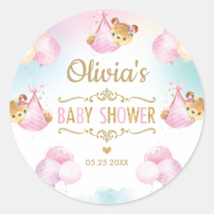 Sticker Rond Mignonne ours Baby shower fille Merci Favor