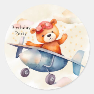 Sticker Rond Mignonne Ours Teddy Avec Son Avion Fête Anniversai