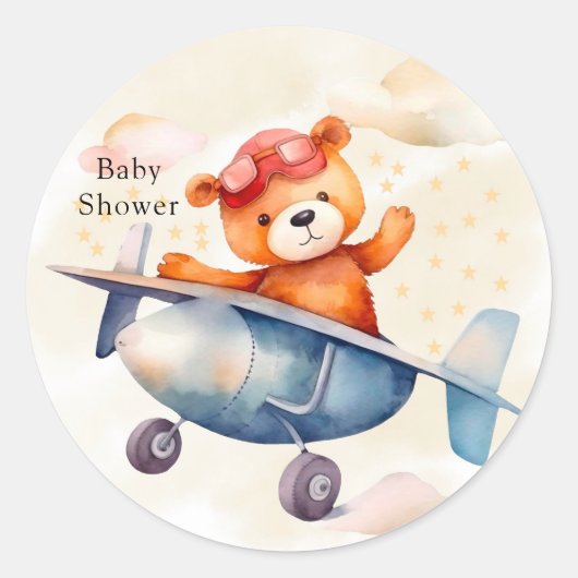 Sticker Rond Mignonne Ours Teddy Avec Son Avion Fête Anniversai (Devant)