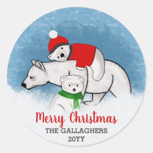 Sticker Rond Mignonne Polar Oear Maman Avec Cubs Joyeux Noël
