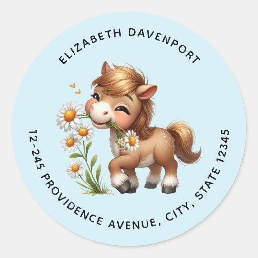 Sticker Rond Mignonne Pony Manger Daisées Adresse (Devant)