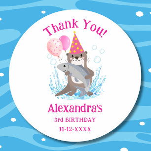 Sticker Rond Mignonne Rose fille mer Otter Anniversaire Merci d