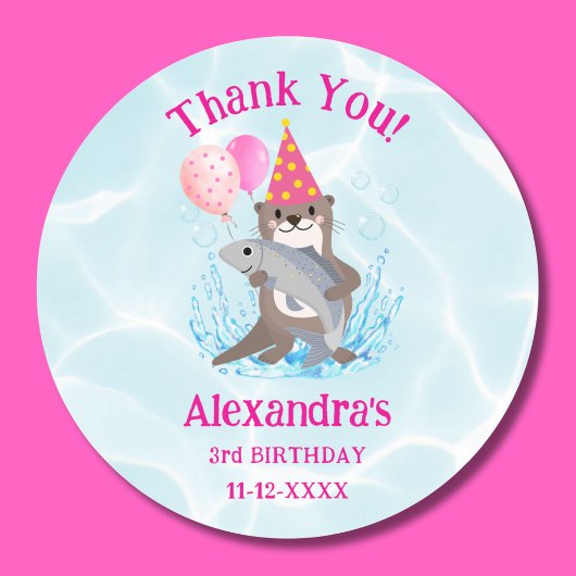 Sticker Rond Mignonne Rose fille mer Otter Anniversaire Merci d