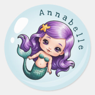 Sticker Rond Mignonne sirène à cheveux violet dans une bulle Pe