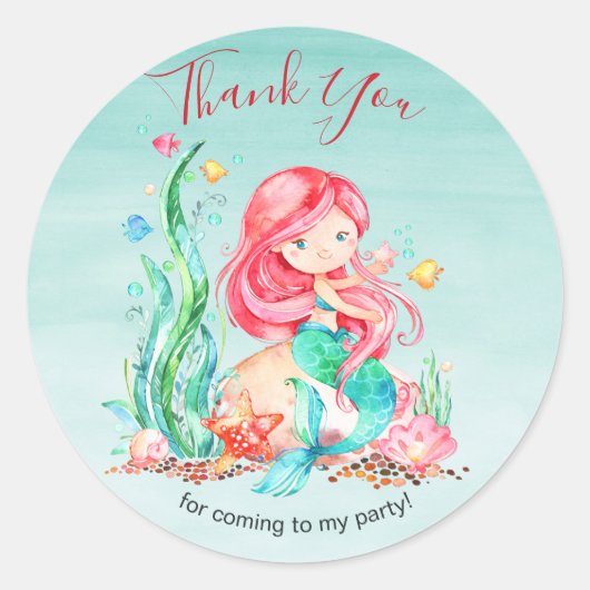 Sticker Rond Mignonne sirène d'aquarelle sous la mer Anniversai (Devant)