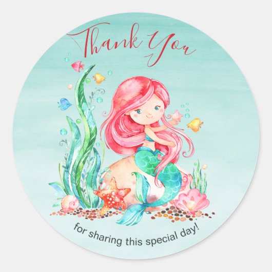 Sticker Rond Mignonne sirène d'aquarelle sous le Baby shower ma (Devant)